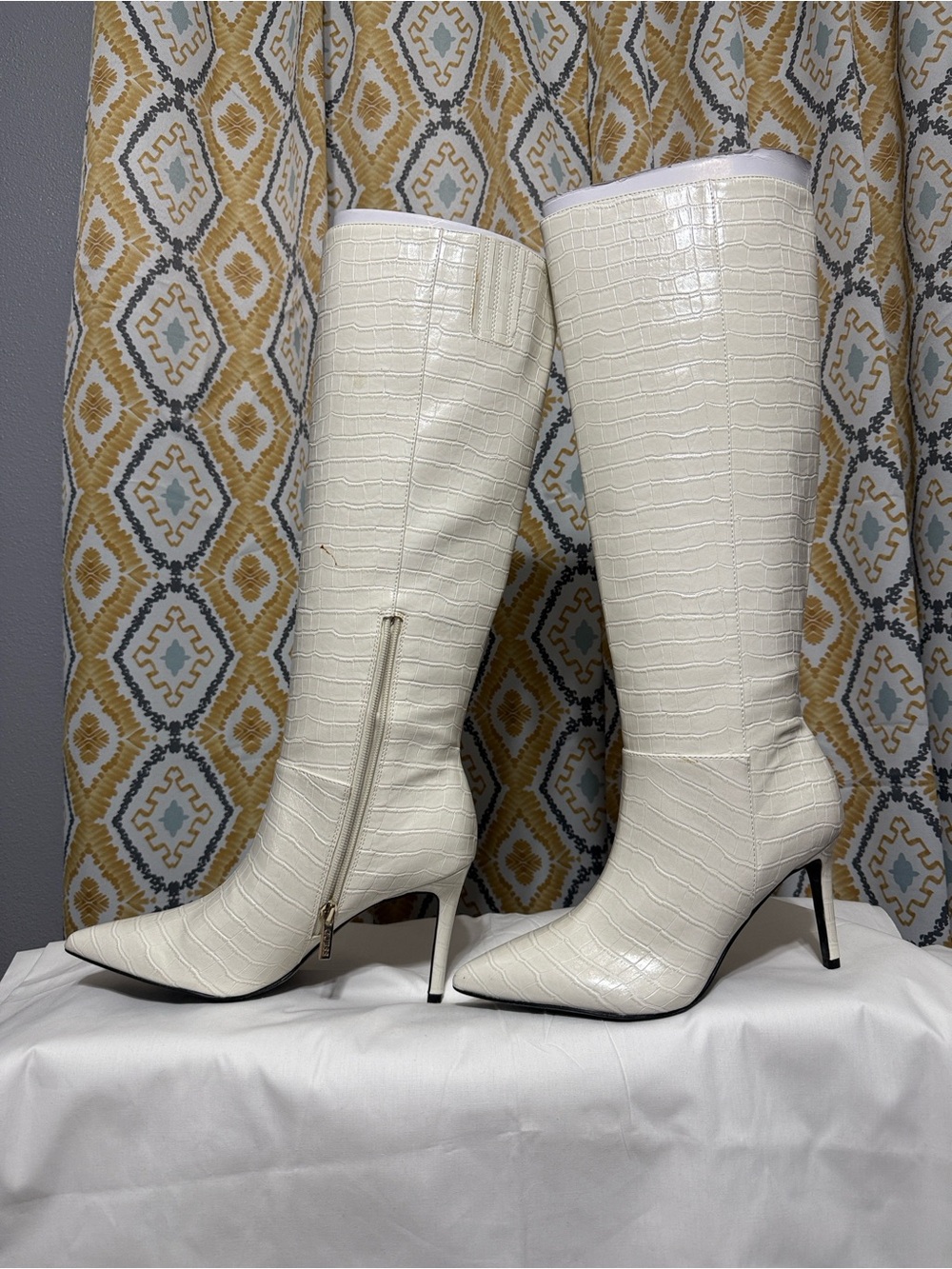 Guess White Croc-Embossed Knee-High Stiletto Boots